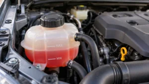 Reservatório de expansão translúcido no cofre do motor, com as marcas de nível visíveis