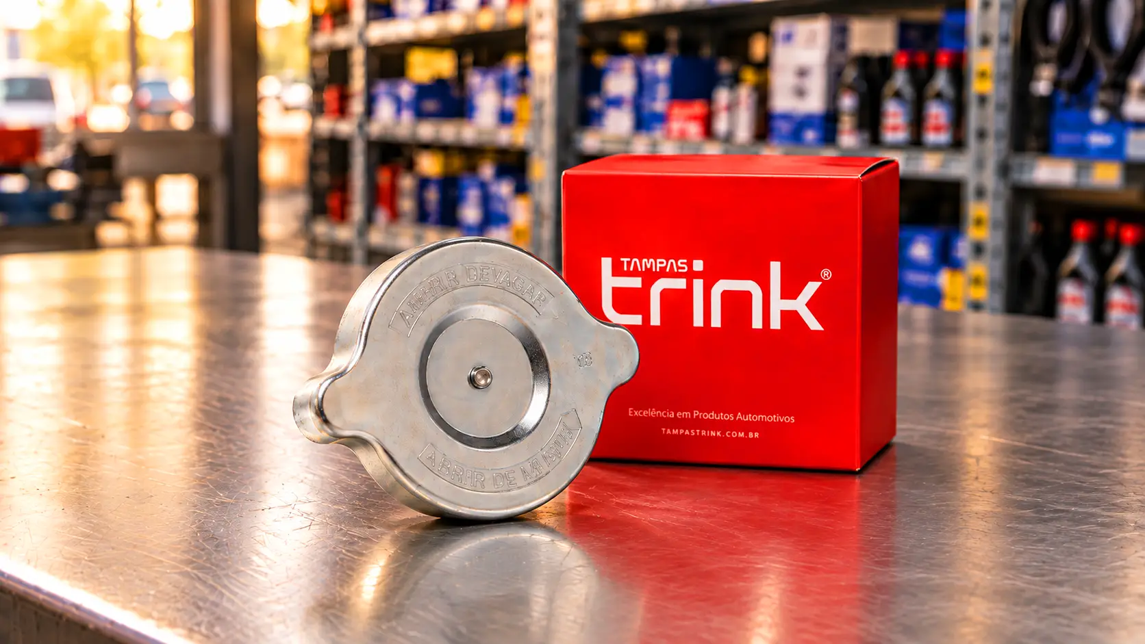 Tampa automotiva Trink sobre a bancada de uma loja de autopeças, ao lado da caixa Tampa automotiva Trink sobre a bancada de uma loja de autopeças, ao lado da caixa