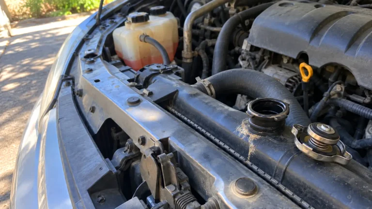 Tampa de radiador apoiada no bocal do motor de um carro usado, com marca seca de aditivo ao lado Tampa de radiador apoiada no bocal do motor de um carro usado, com marca seca de aditivo ao lado